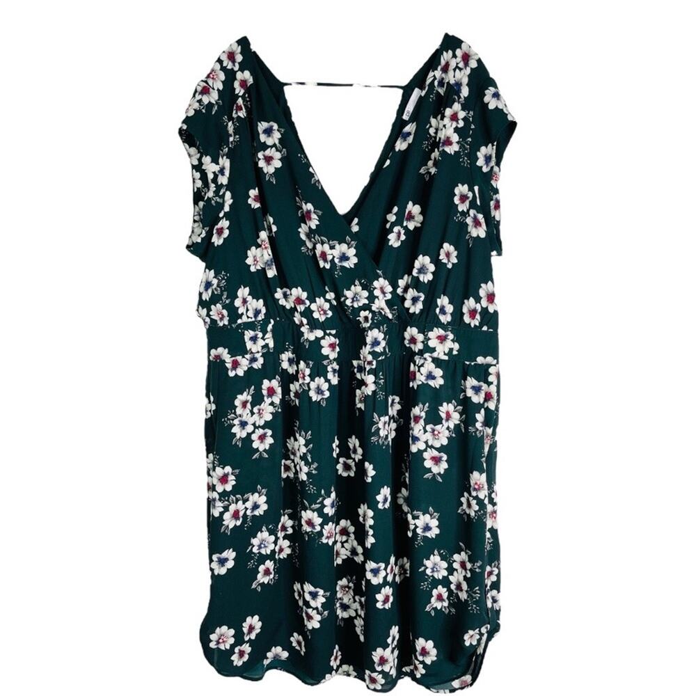 DR2 green white floral chiffon cross front cottagecore boho preppy midi dress 2X